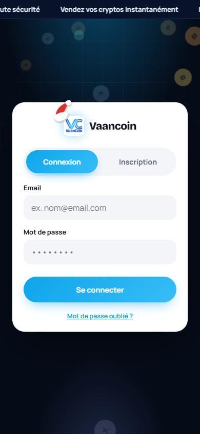 Écran de connexion de l'application Vaancoin